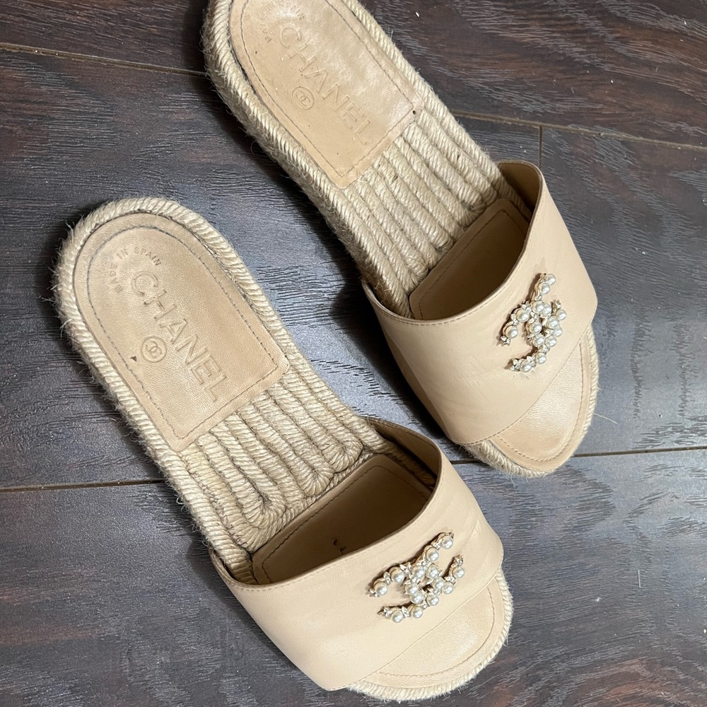 Chanel fabric braided leather rhinestone trim slippers